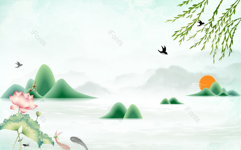 绿色古风山水春分意境宣传海报背景,插画/手绘图,插画/手绘图库,插画/手绘图下载,插画/手绘